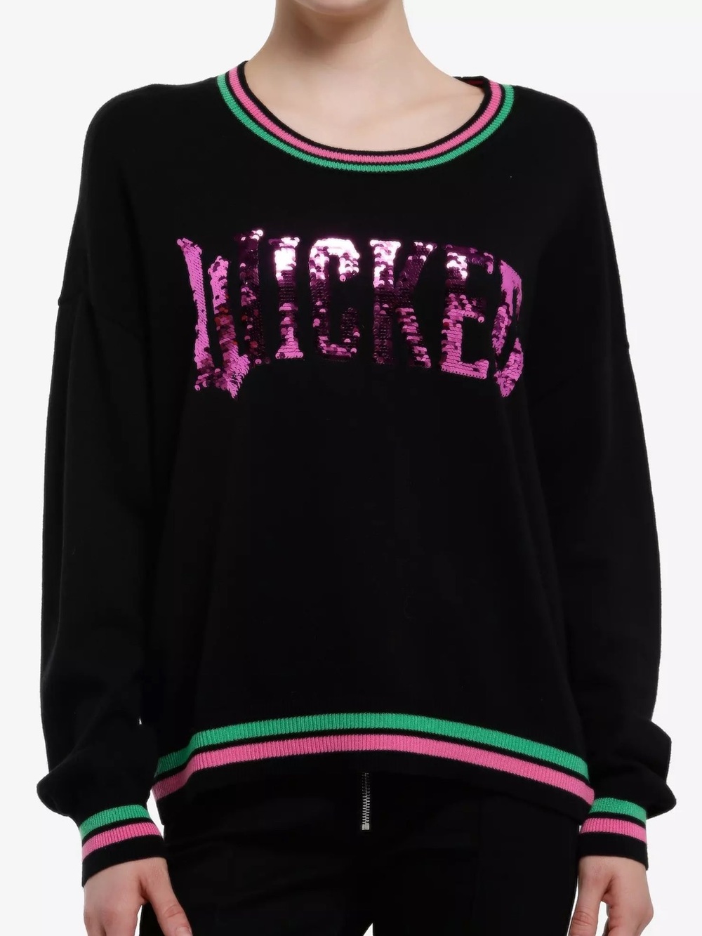 Wicked Black Sequin Logo Knit Sweater with Pink and Green Trim